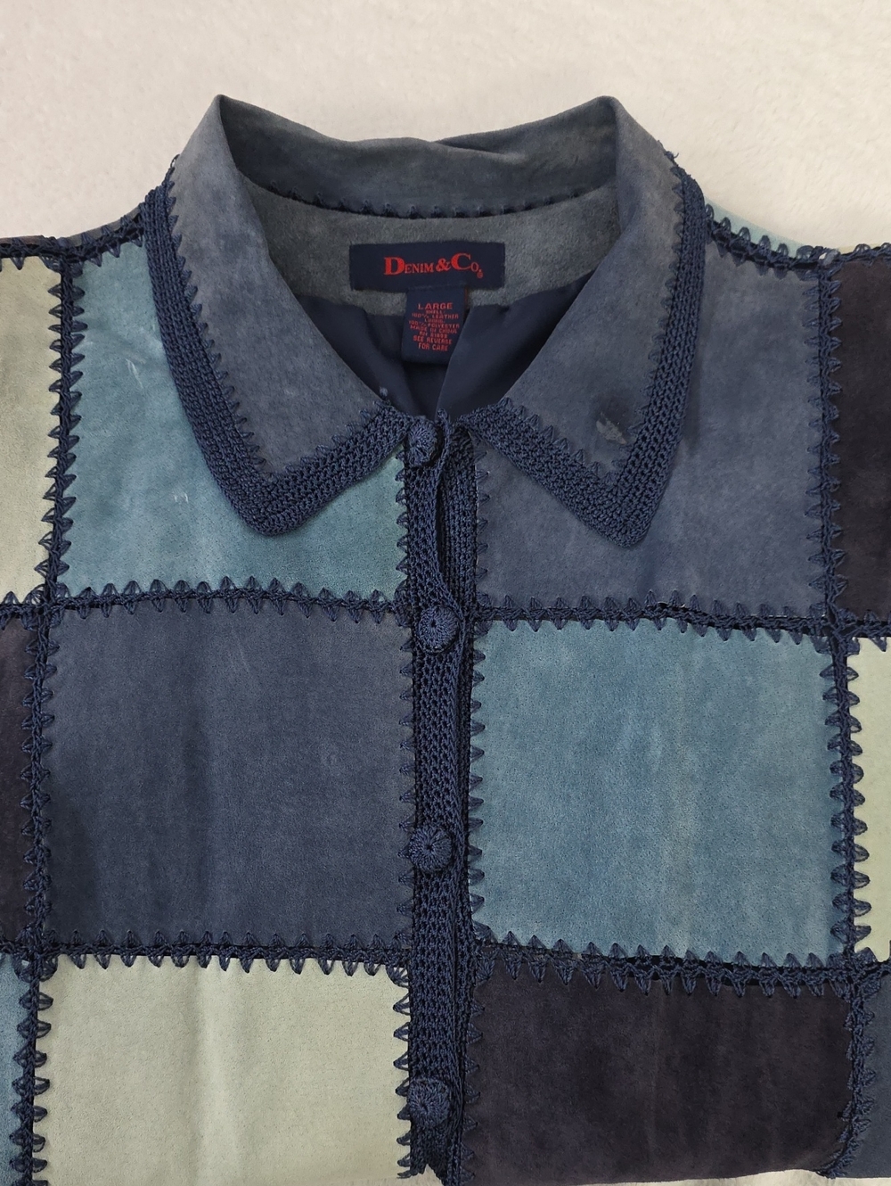 Denim & Co Genuine Leather Patchwork Jacket Blue Colorblock Button Front Large